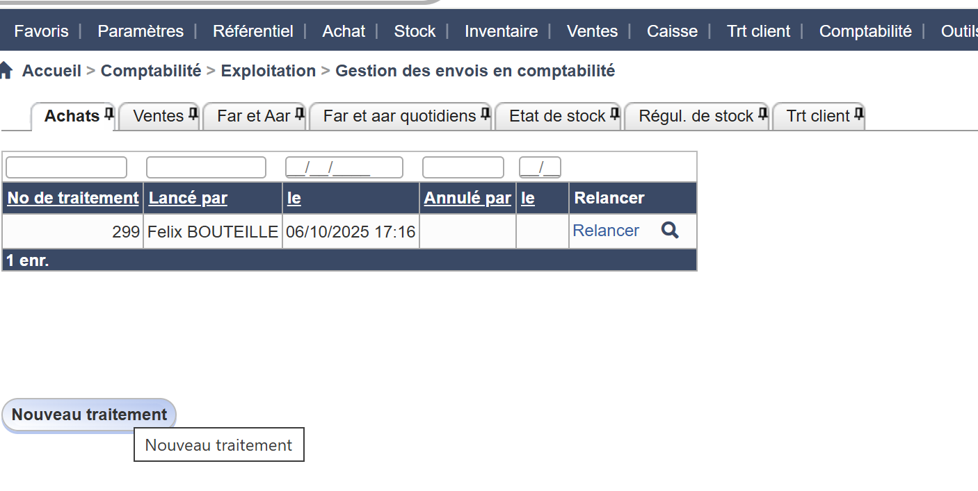 Écran Gestion des envois en comptabilité